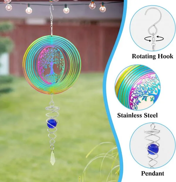 15cm 3D Hanging Rotating Wind Chimes - Rainbow Tree of Life Wind Sculptures - Image 2